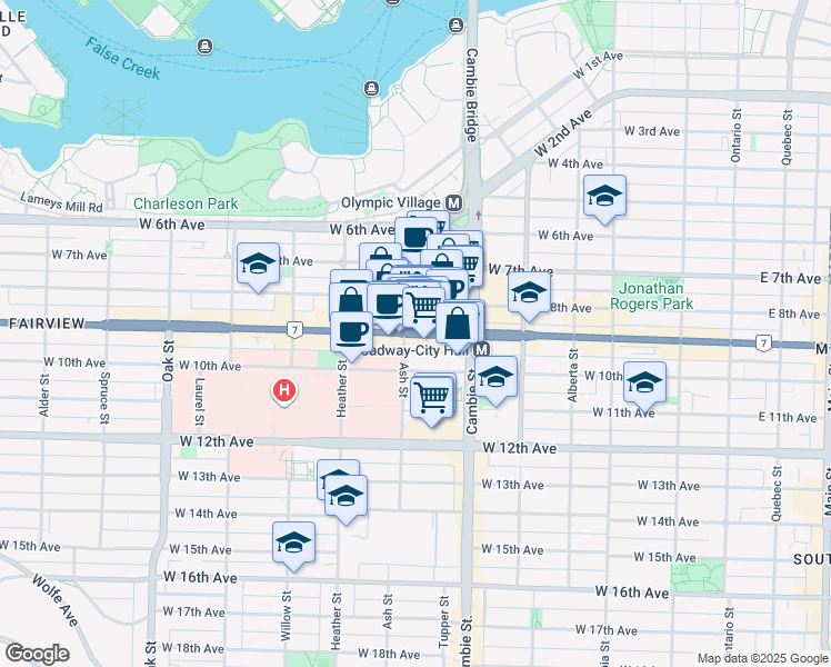 map of restaurants, bars, coffee shops, grocery stores, and more near 568 West Broadway in Vancouver