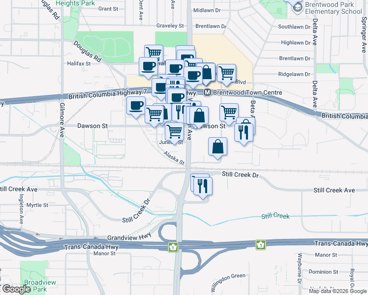 map of restaurants, bars, coffee shops, grocery stores, and more near 4488 Juneau Street in Burnaby