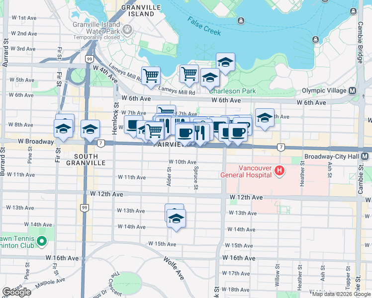 map of restaurants, bars, coffee shops, grocery stores, and more near 1128 West Broadway in Vancouver