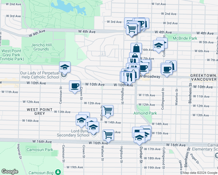 map of restaurants, bars, coffee shops, grocery stores, and more near 3868 West 10th Avenue in Vancouver
