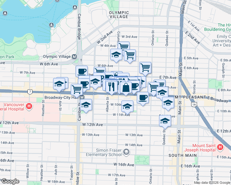 map of restaurants, bars, coffee shops, grocery stores, and more near 223 West Broadway in Vancouver