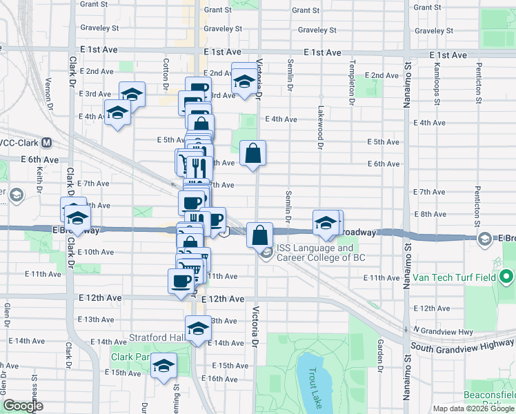 map of restaurants, bars, coffee shops, grocery stores, and more near 1904 East 8th Avenue in Vancouver