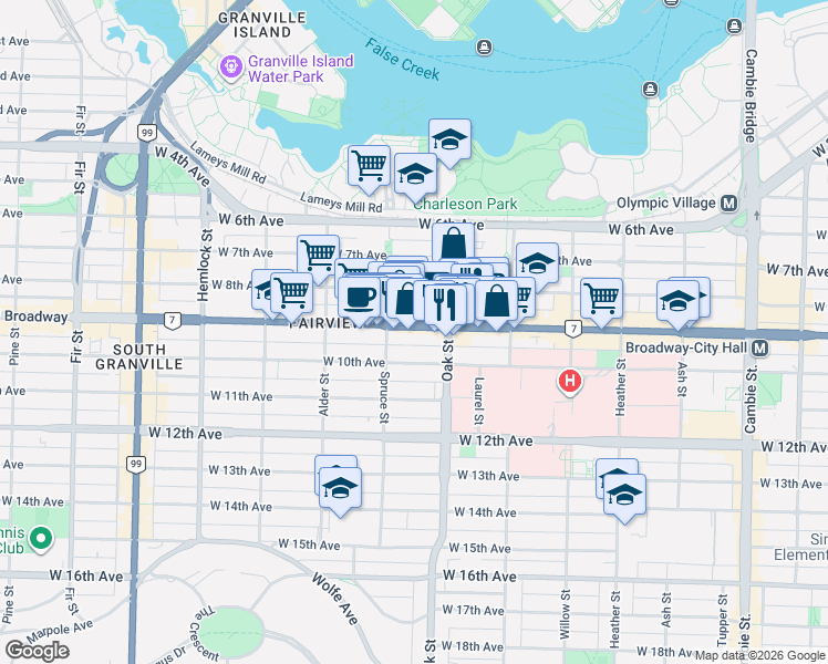 map of restaurants, bars, coffee shops, grocery stores, and more near 1062 West Broadway in Vancouver