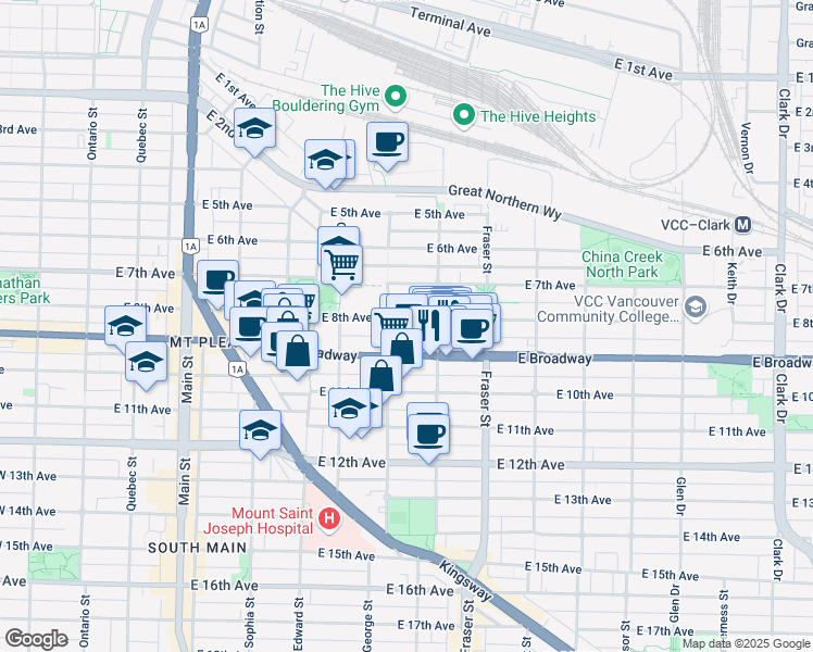 map of restaurants, bars, coffee shops, grocery stores, and more near 528 East 8th Avenue in Vancouver