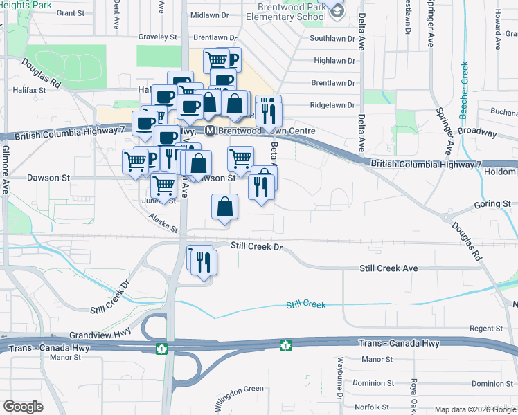 map of restaurants, bars, coffee shops, grocery stores, and more near 2465 Beta Avenue in Burnaby