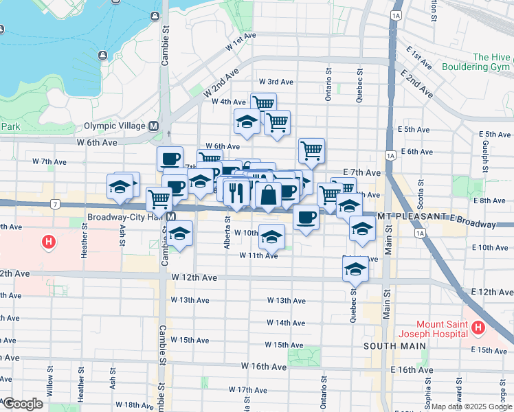 map of restaurants, bars, coffee shops, grocery stores, and more near 200 West Broadway in Vancouver