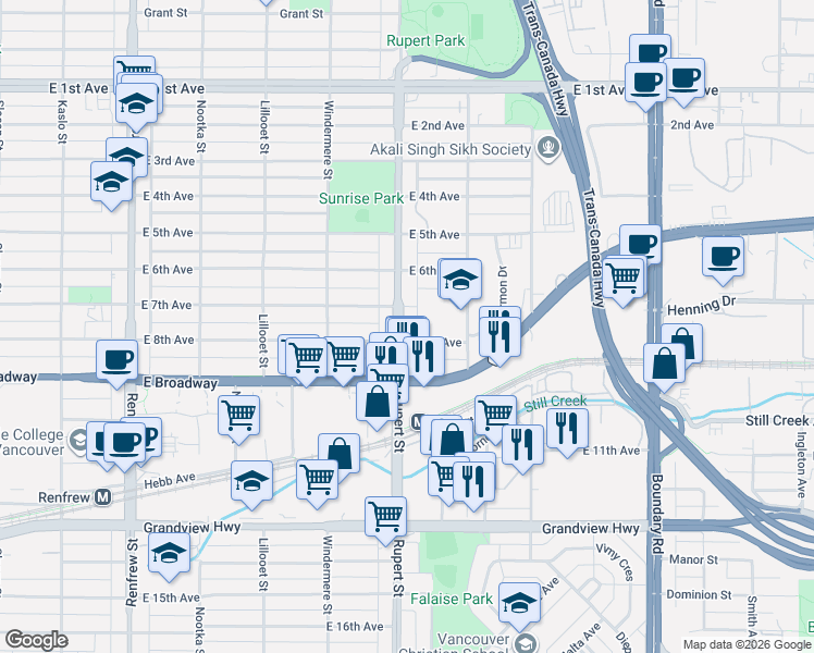 map of restaurants, bars, coffee shops, grocery stores, and more near 2362 Rupert Street in Vancouver