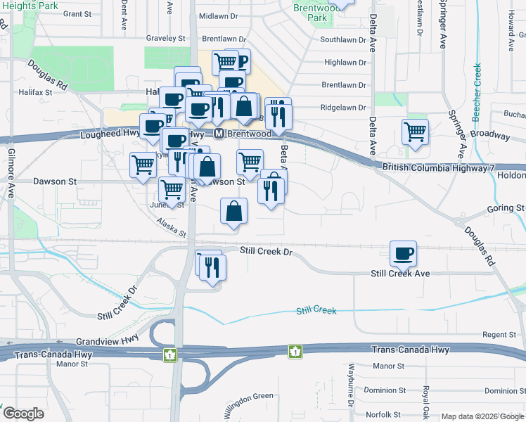 map of restaurants, bars, coffee shops, grocery stores, and more near 2311 Beta Avenue in Burnaby