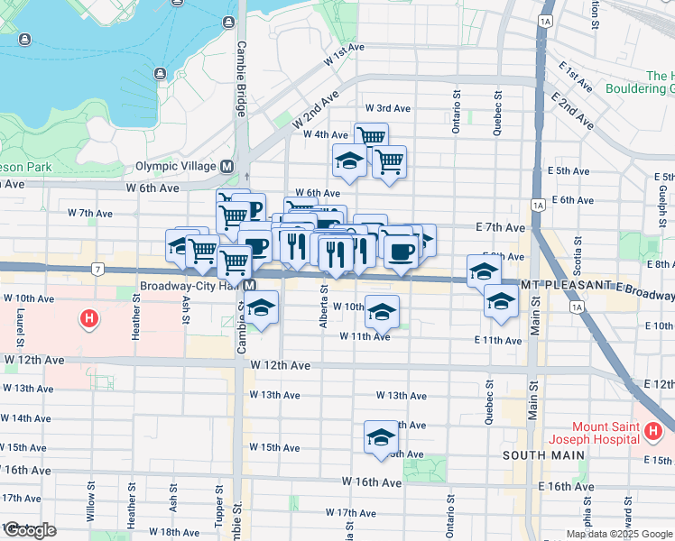 map of restaurants, bars, coffee shops, grocery stores, and more near 236 West Broadway in Vancouver