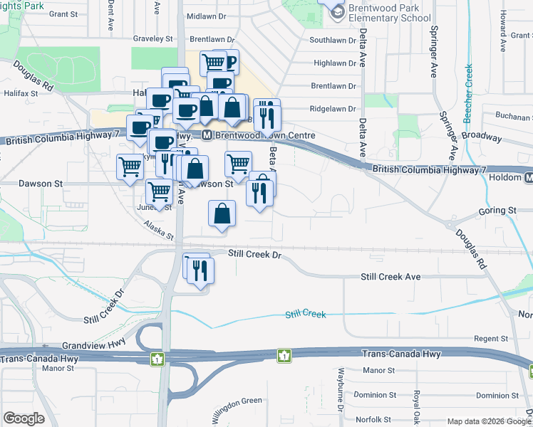 map of restaurants, bars, coffee shops, grocery stores, and more near 2465 Beta Avenue in Burnaby