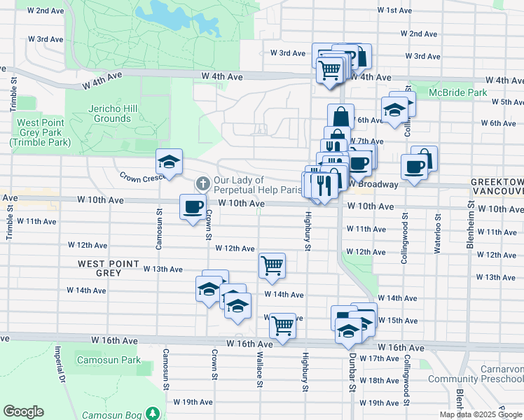 map of restaurants, bars, coffee shops, grocery stores, and more near 2600 Wallace Street in Vancouver