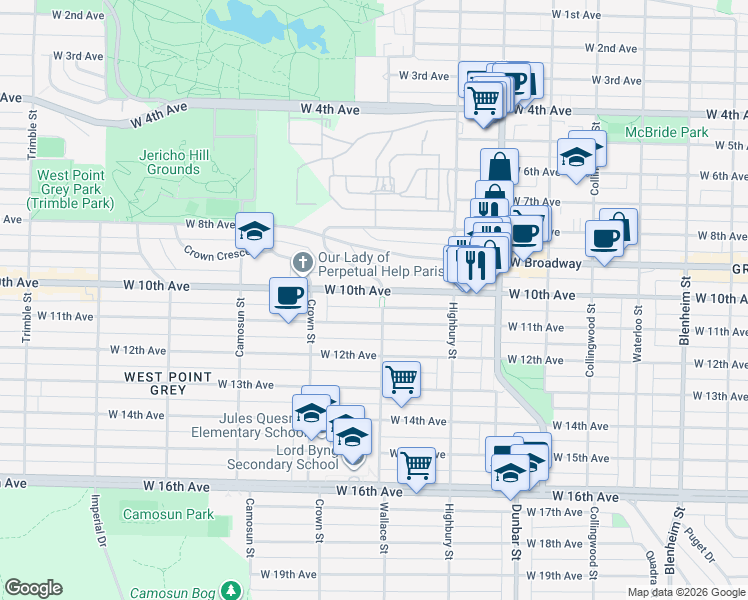 map of restaurants, bars, coffee shops, grocery stores, and more near 3910 West 10th Avenue in Vancouver