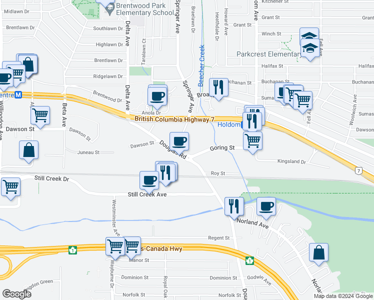 map of restaurants, bars, coffee shops, grocery stores, and more near 5311 Goring Street in Burnaby