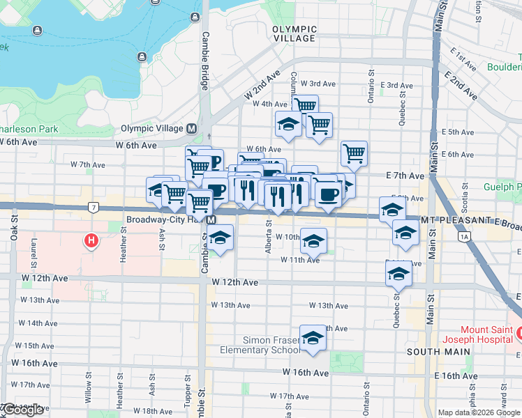 map of restaurants, bars, coffee shops, grocery stores, and more near 311 West Broadway in Vancouver