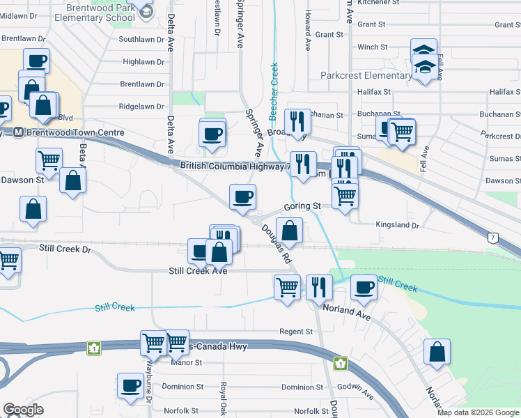 map of restaurants, bars, coffee shops, grocery stores, and more near 5333 Goring Street in Burnaby