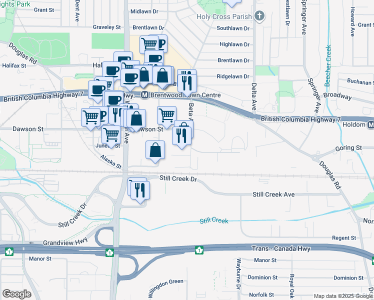 map of restaurants, bars, coffee shops, grocery stores, and more near 2465 Beta Avenue in Burnaby