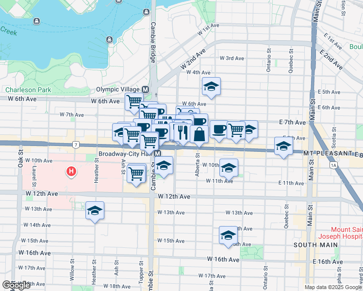 map of restaurants, bars, coffee shops, grocery stores, and more near 388 British Columbia 7 in Vancouver