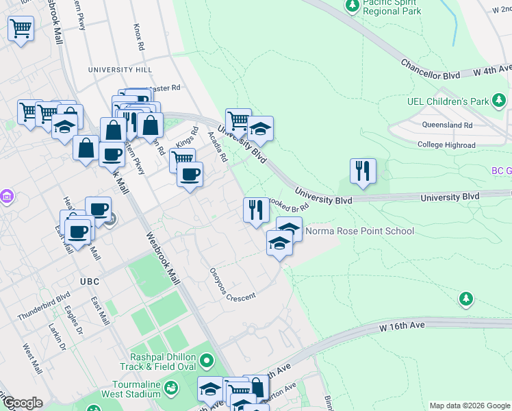 map of restaurants, bars, coffee shops, grocery stores, and more near 5380 Crooked Branch Road in Vancouver