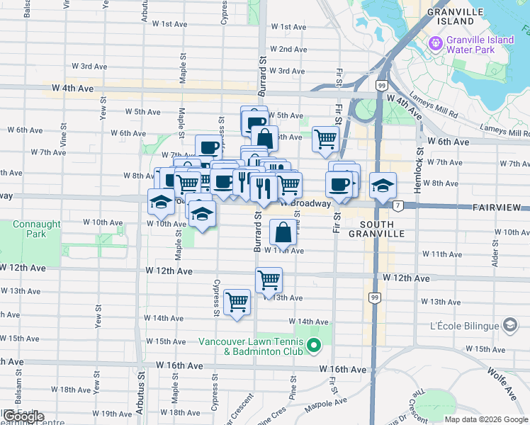 map of restaurants, bars, coffee shops, grocery stores, and more near 1788 West Broadway in Vancouver