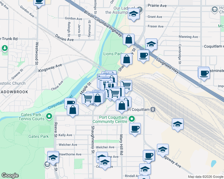 map of restaurants, bars, coffee shops, grocery stores, and more near 2284 Elgin Avenue in Port Coquitlam
