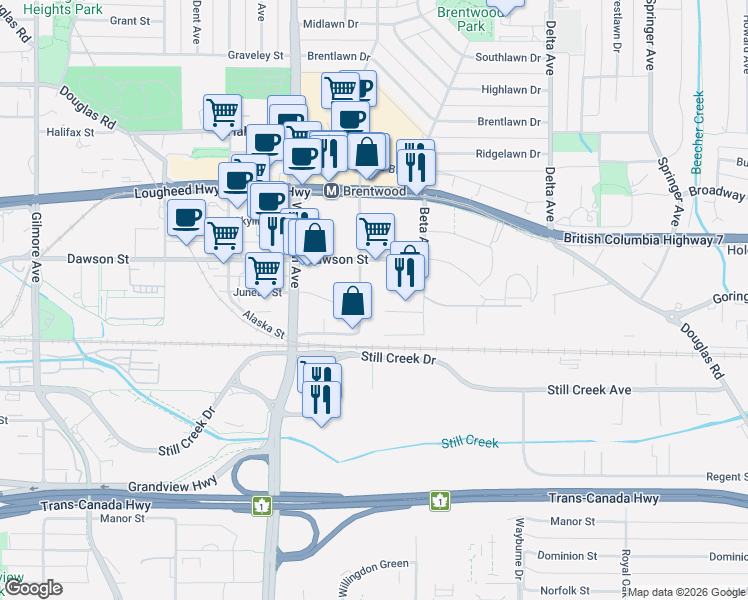 map of restaurants, bars, coffee shops, grocery stores, and more near 2288 Alpha Avenue in Burnaby