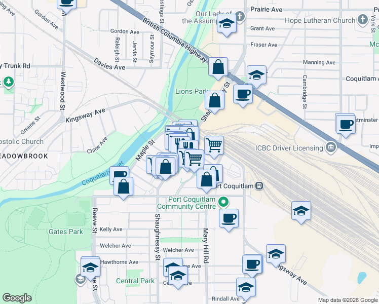 map of restaurants, bars, coffee shops, grocery stores, and more near 2264 Elgin Avenue in Port Coquitlam