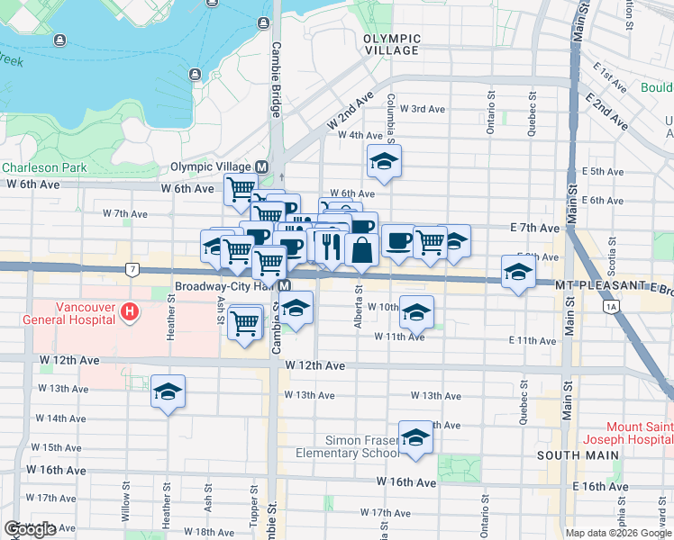 map of restaurants, bars, coffee shops, grocery stores, and more near 388 British Columbia 7 in Vancouver