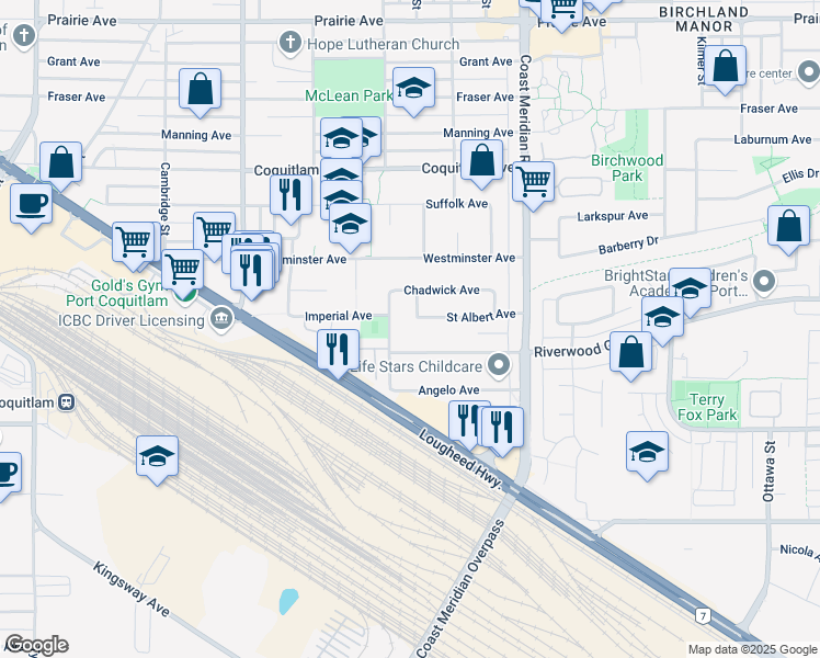 map of restaurants, bars, coffee shops, grocery stores, and more near 1648 Saint Albert Avenue in Port Coquitlam