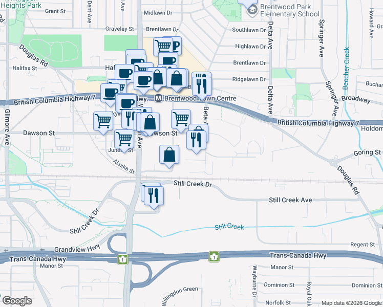 map of restaurants, bars, coffee shops, grocery stores, and more near 2465 Beta Avenue in Burnaby