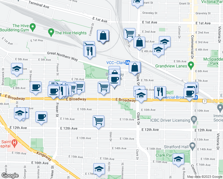 map of restaurants, bars, coffee shops, grocery stores, and more near East 8th Avenue & Glen Drive in Vancouver