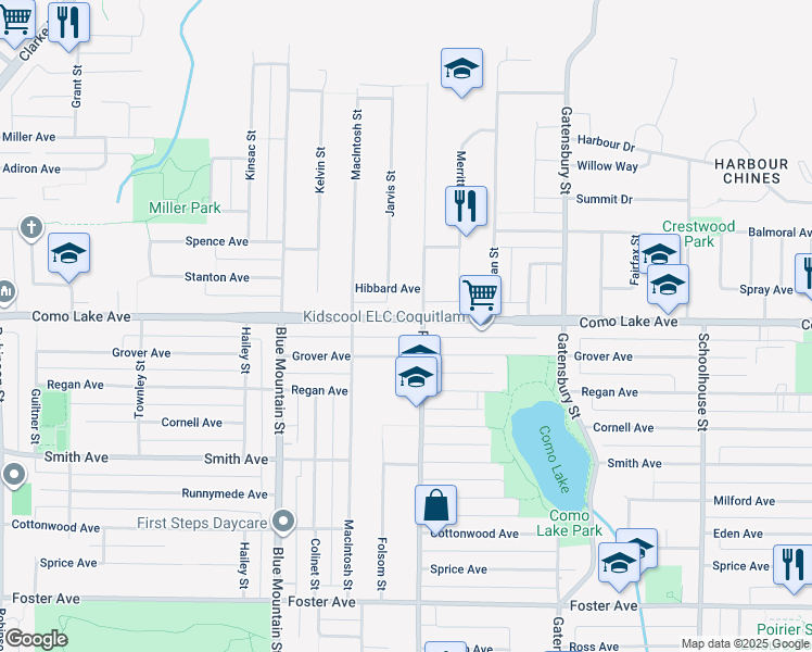 map of restaurants, bars, coffee shops, grocery stores, and more near 1036 Como Lake Avenue in Coquitlam