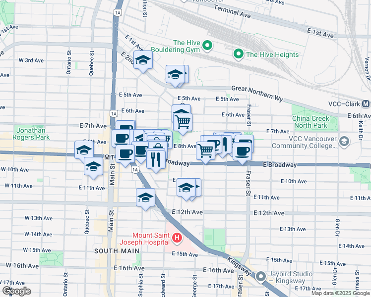 map of restaurants, bars, coffee shops, grocery stores, and more near 438 East Broadway in Vancouver