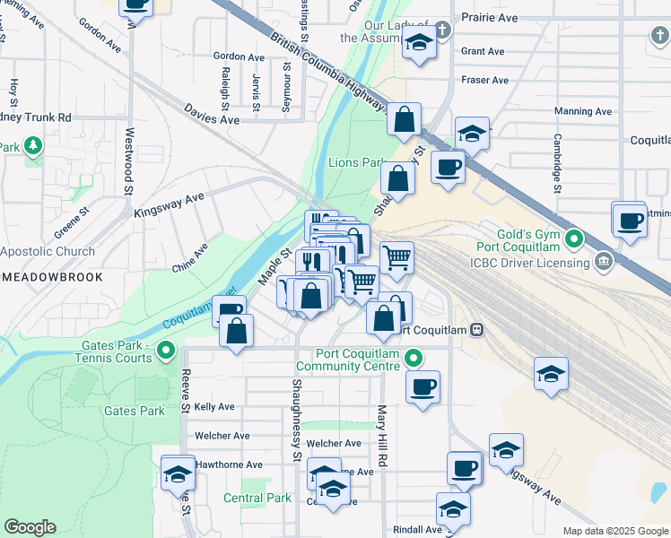 map of restaurants, bars, coffee shops, grocery stores, and more near 110-2627 Shaughnessy Street in Port Coquitlam