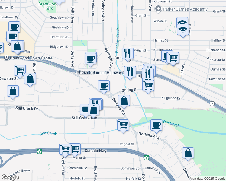 map of restaurants, bars, coffee shops, grocery stores, and more near 5333 Goring Street in Burnaby