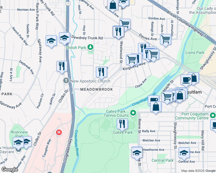 map of restaurants, bars, coffee shops, grocery stores, and more near Riverbend Drive in Port Coquitlam
