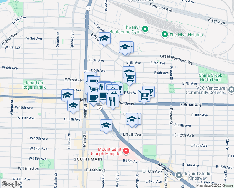 map of restaurants, bars, coffee shops, grocery stores, and more near 372 East 8th Avenue in Vancouver
