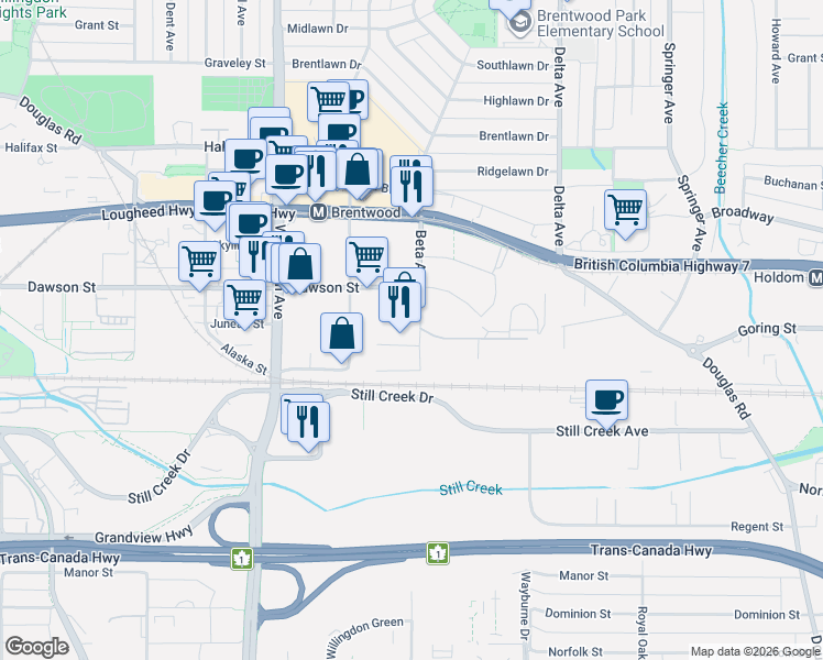 map of restaurants, bars, coffee shops, grocery stores, and more near 2351 Beta Avenue in Burnaby