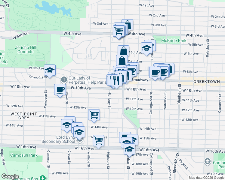 map of restaurants, bars, coffee shops, grocery stores, and more near 3744 West 10th Avenue in Vancouver