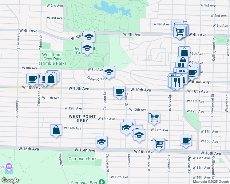 map of restaurants, bars, coffee shops, grocery stores, and more near 4052 West 10th Avenue in Vancouver
