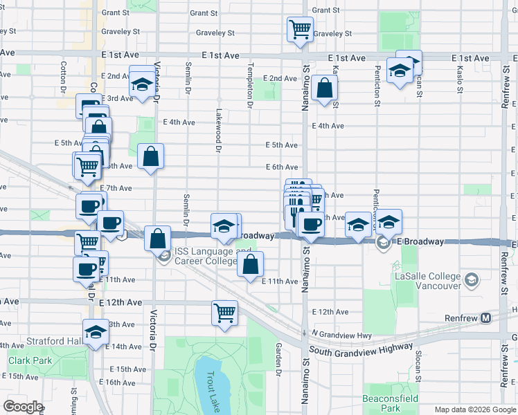 map of restaurants, bars, coffee shops, grocery stores, and more near 2223 East 8th Avenue in Vancouver