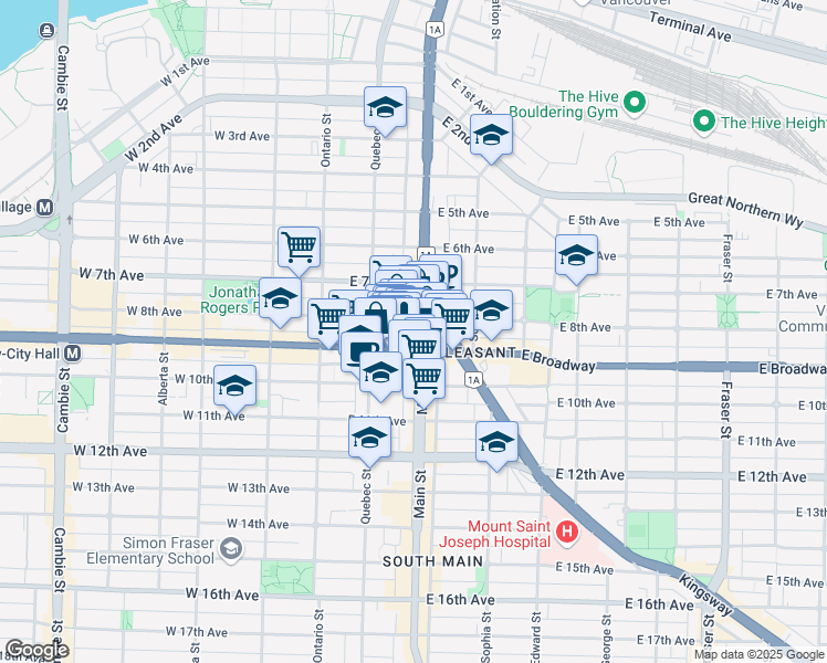 map of restaurants, bars, coffee shops, grocery stores, and more near 2415 Main Street in Vancouver