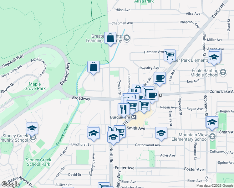 map of restaurants, bars, coffee shops, grocery stores, and more near 609 Tyndall Street in Coquitlam