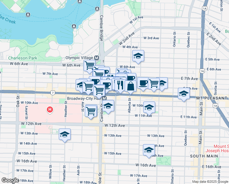 map of restaurants, bars, coffee shops, grocery stores, and more near 388 British Columbia 7 in Vancouver
