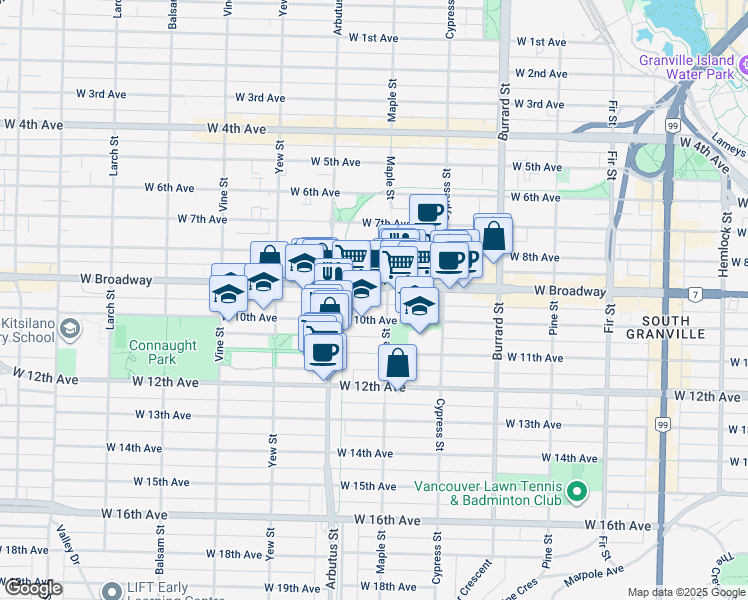 map of restaurants, bars, coffee shops, grocery stores, and more near in Vancouver