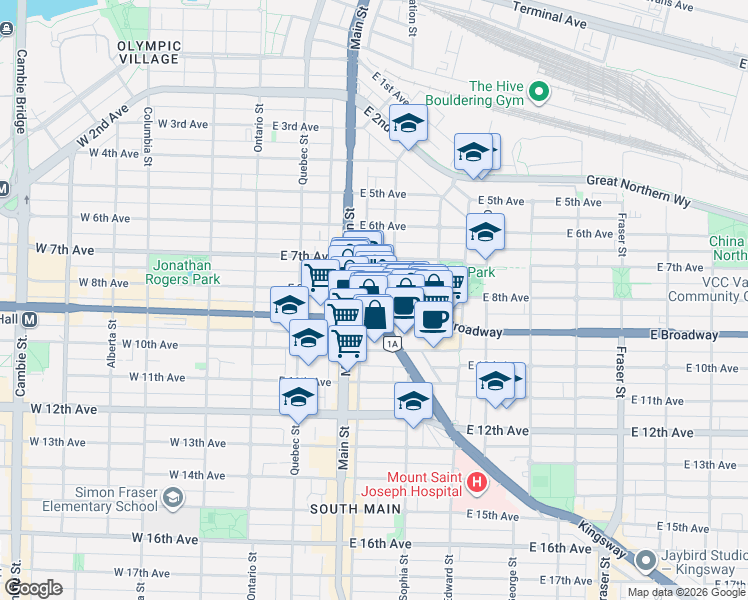 map of restaurants, bars, coffee shops, grocery stores, and more near 63 Kingsway in Vancouver