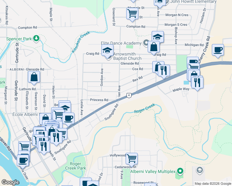 map of restaurants, bars, coffee shops, grocery stores, and more near 4852 Ian Avenue in Port Alberni