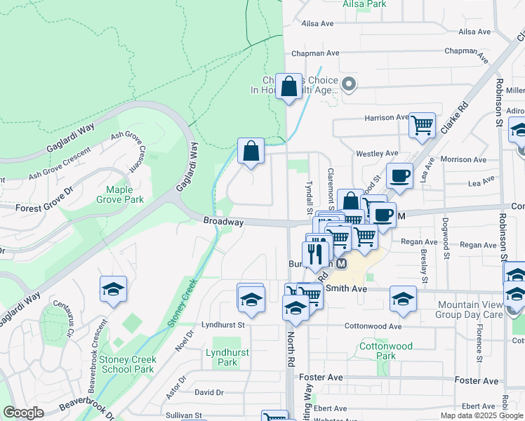 map of restaurants, bars, coffee shops, grocery stores, and more near 2406 Norcrest Court in Burnaby