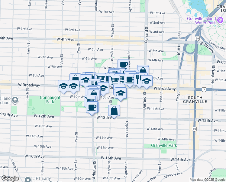 map of restaurants, bars, coffee shops, grocery stores, and more near 2538 Maple Street in Vancouver