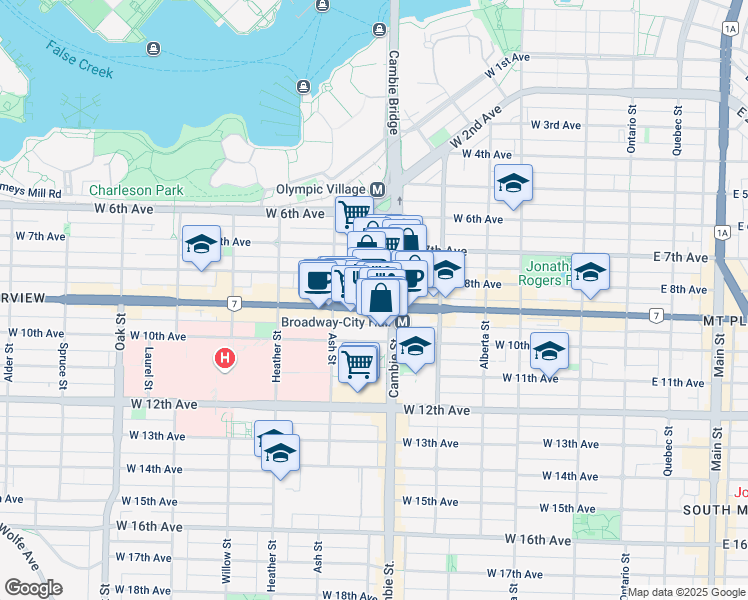 map of restaurants, bars, coffee shops, grocery stores, and more near 515 West Broadway in Vancouver