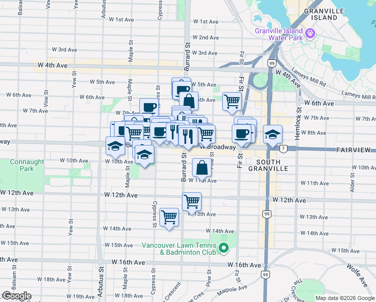 map of restaurants, bars, coffee shops, grocery stores, and more near 1788 West Broadway in Vancouver